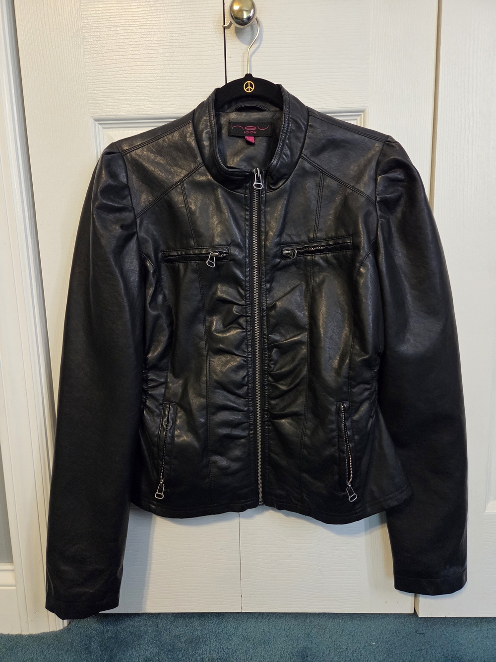 New Look Black Faux Leather Zip-Up Jacket Size Large